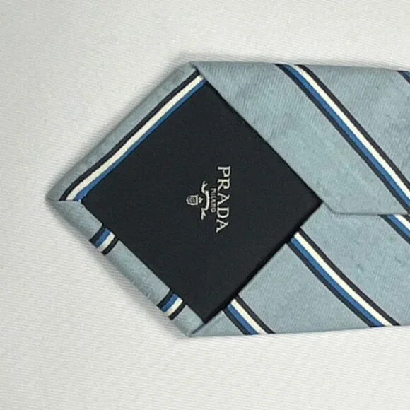 Prada Silk/Linen Blend Blue & White Regimental Stripe Tie 03-5245-8581 Sz. 61" - Picture 3 of 4